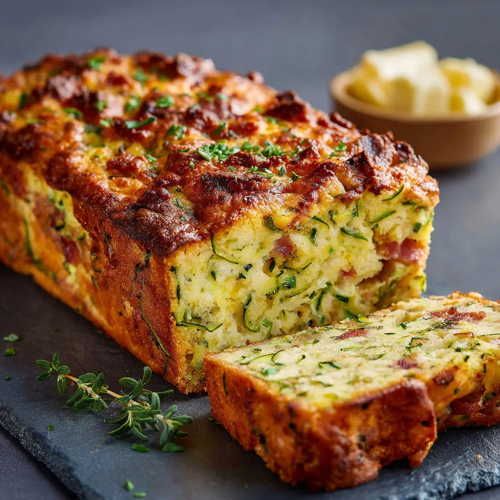 Une belle part de cake moelleux courgette lardons, parfait pour l'été.