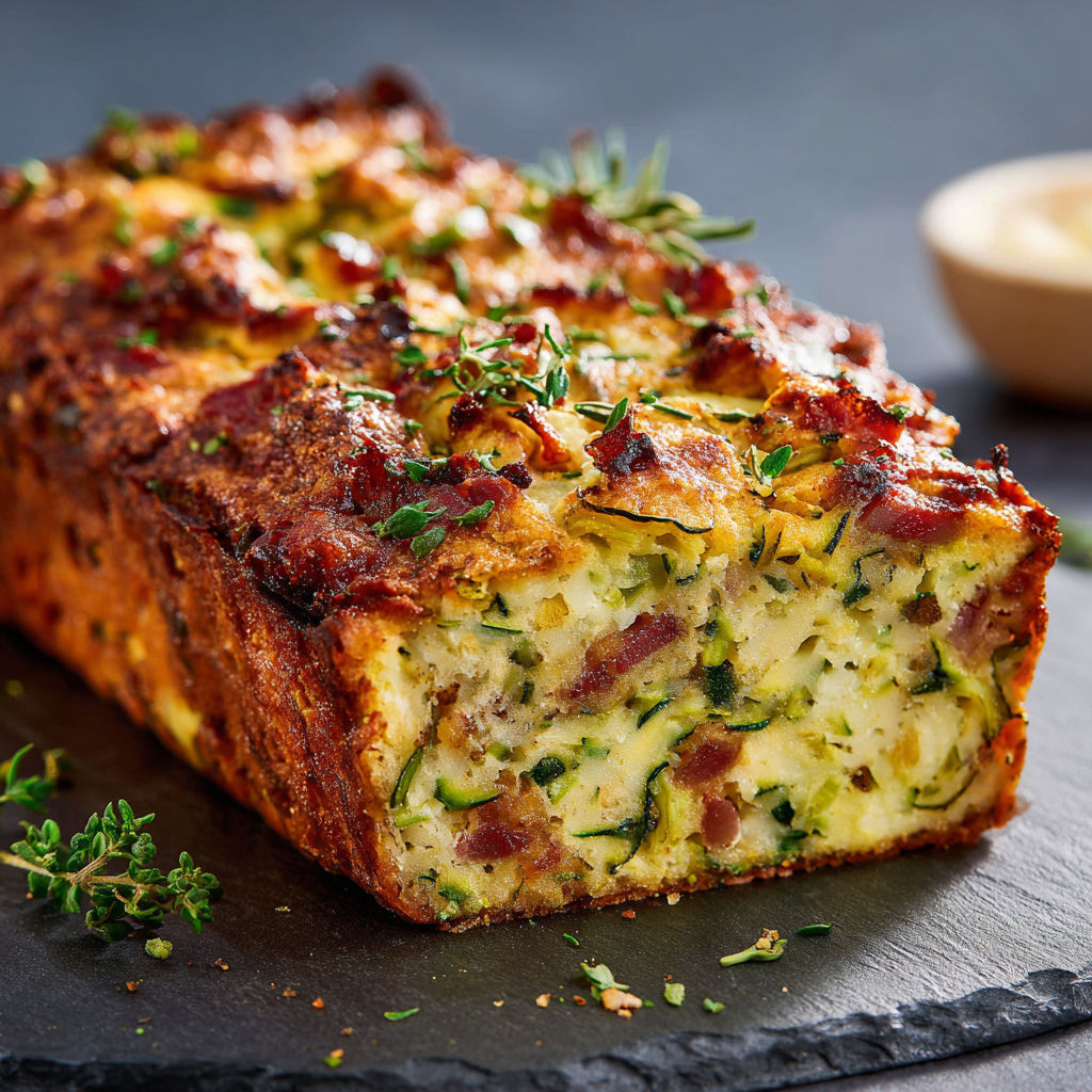 Pâte salée bien dorée avec courgettes et lardons, prête à partager.