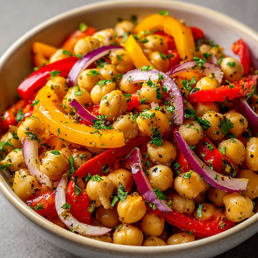 Un bol rempli de pois chiches et légumes frais à la méditerranéenne.