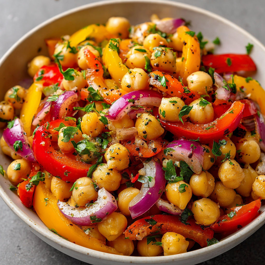 Dans un bol, une salade colorée avec poivrons, tomates et pois chiches.