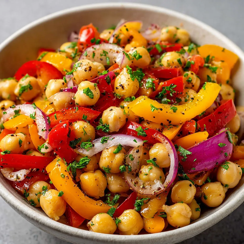 Dans un saladier, une salade de pois chiches et tomates avec herbes et épices.