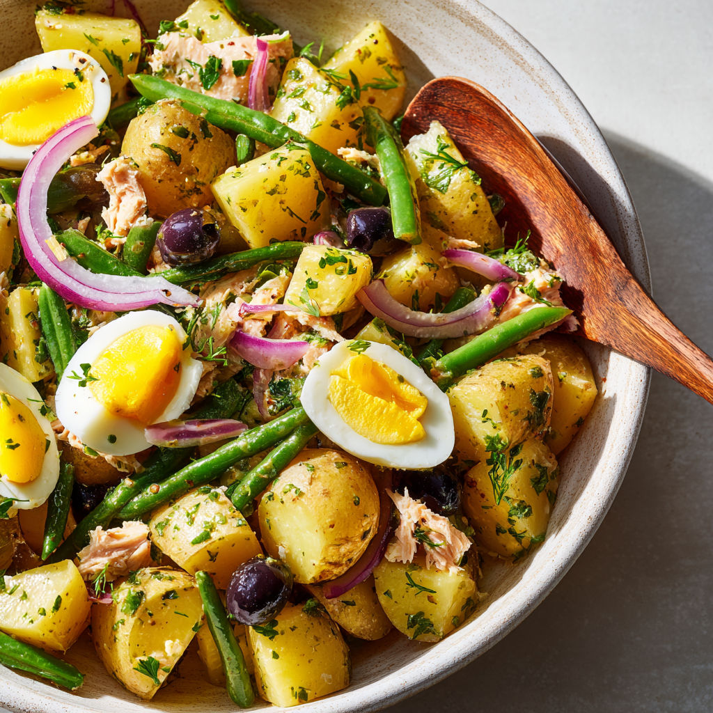 Un bol garni de salade avec pommes de terre, thon, légumes croquants et œufs durs.