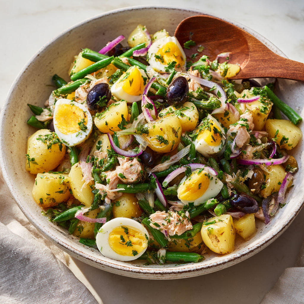 Un bol de salade avec poulet, légumes, œufs, olives et pommes de terre.