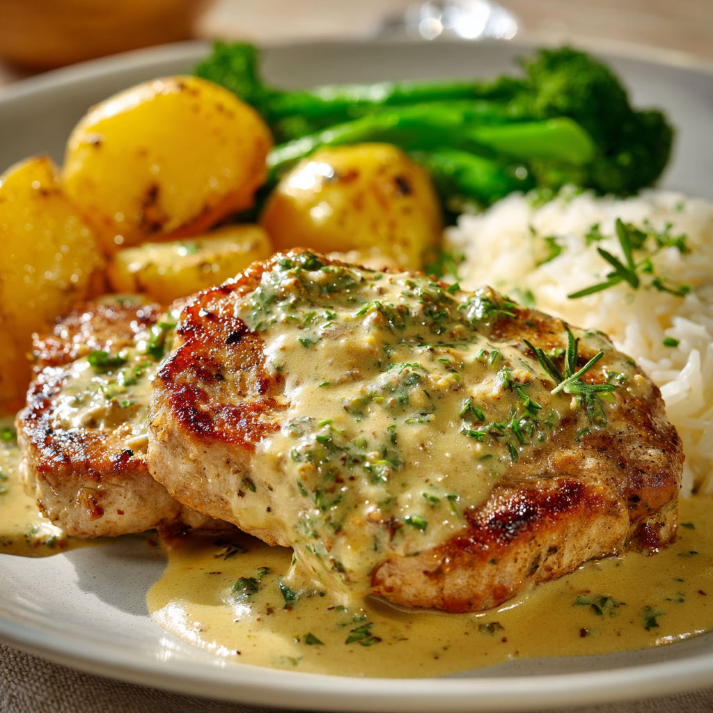 Assiette composée d’une escalope de porc nappée de sauce moutarde, accompagnée de légumes verts et pommes de terre.