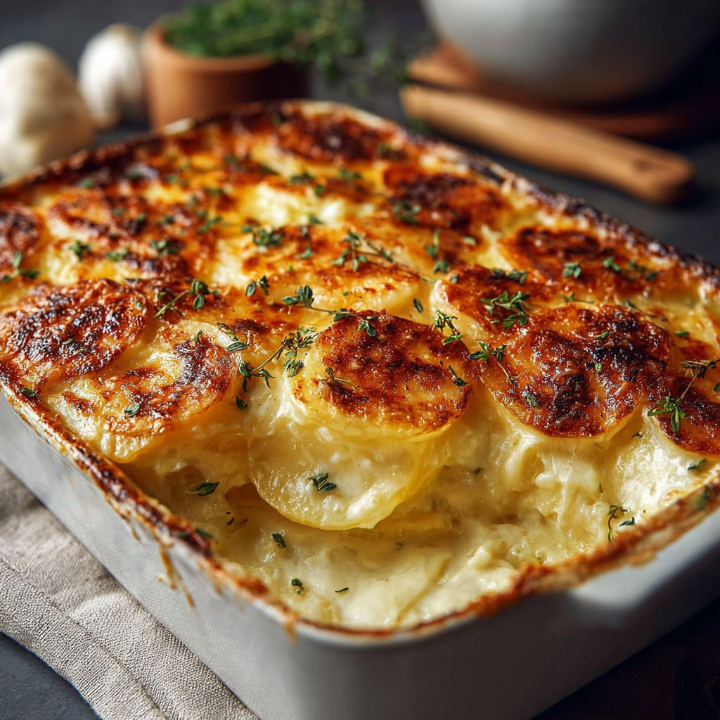 Un gratin de pommes de terre tout doré, garni d’herbes, présenté dans un plat en céramique.