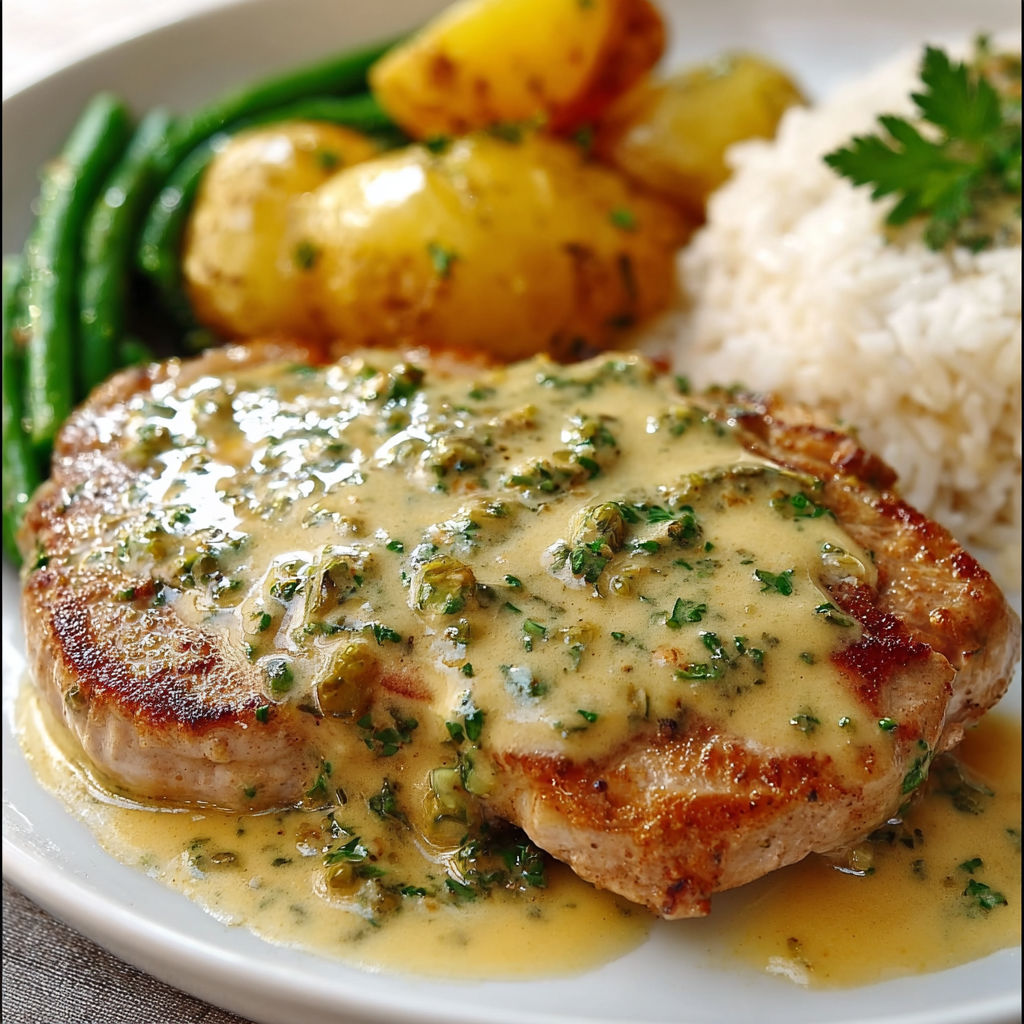 Filet de boeuf nappé de sauce pesto, accompagné de pommes de terre et légumes verts.