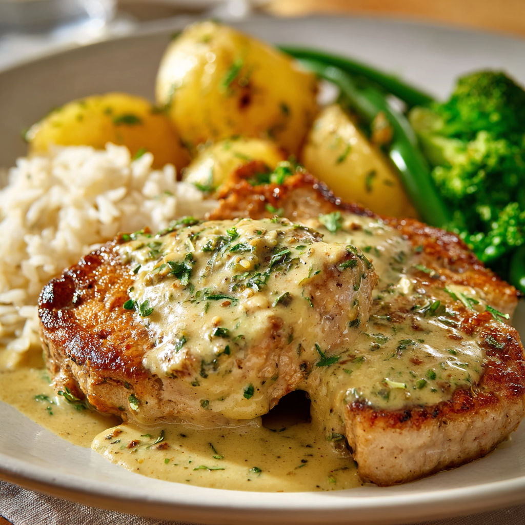 Plat de poulet en sauce avec légumes verts et pommes de terre.