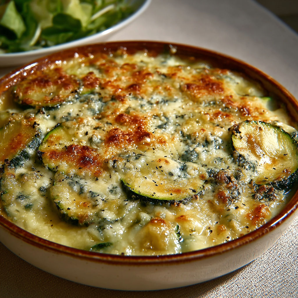 Courgettes nappées de Bleu d’Auvergne et gratinées au four, servies sur un plateau.