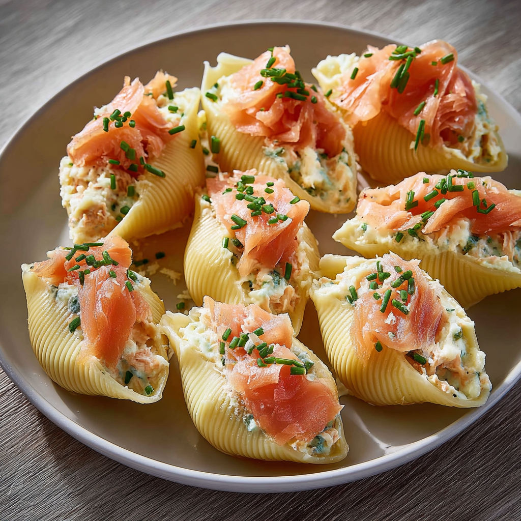 Une assiette de conchiglioni farcis au saumon, mascarpone et herbes.