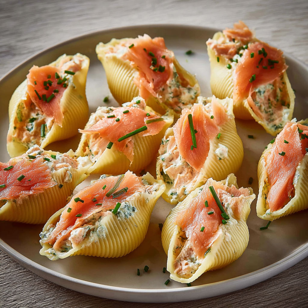 Assortiment de pâtes farcies au saumon et herbes fraîches sur un plat.