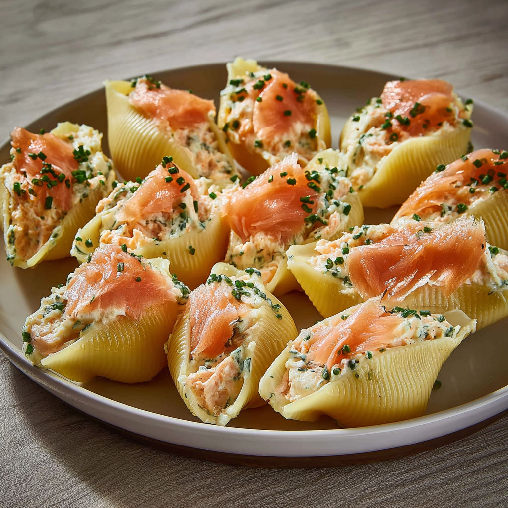Pâtes farcies, légumes et morceaux de saumon dans une belle assiette.