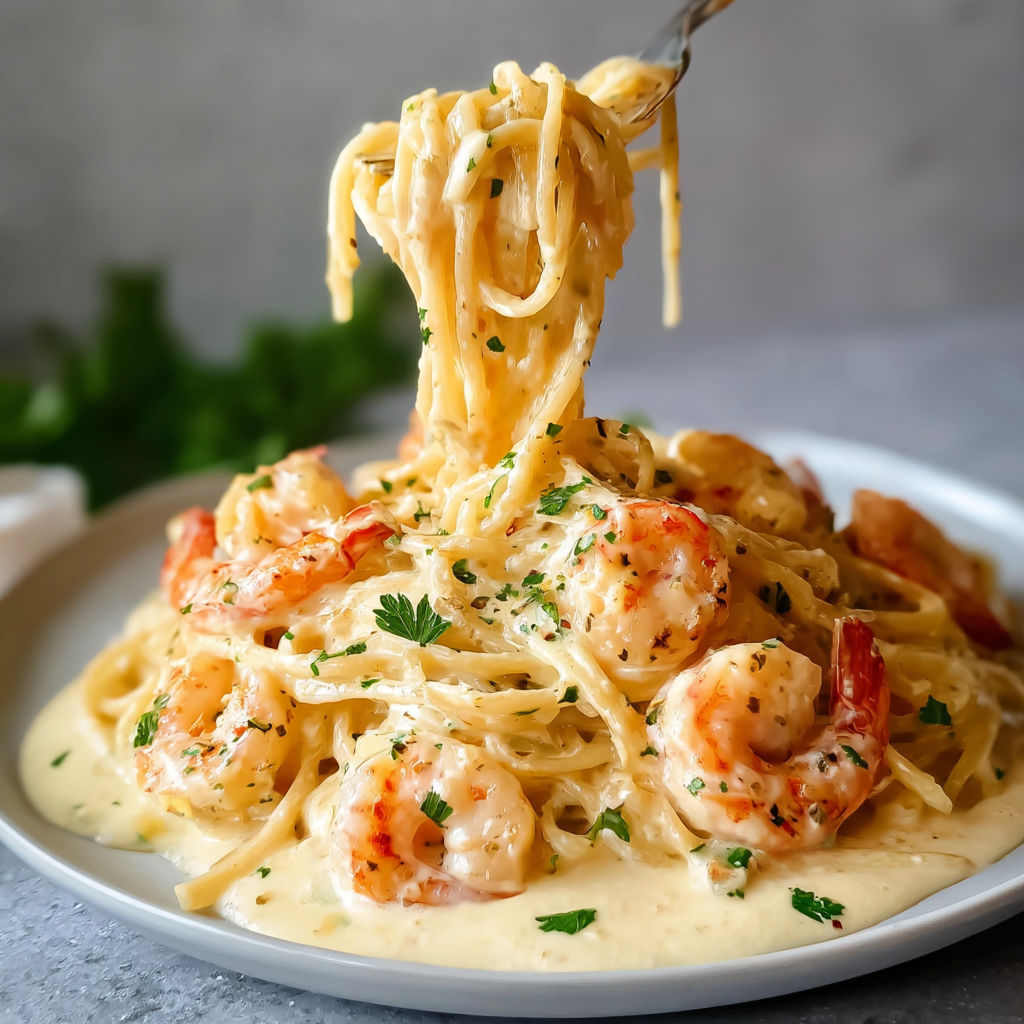 Une assiette de spaghettis avec crevettes à l’ail, et une fourchette qui enroule les pâtes.