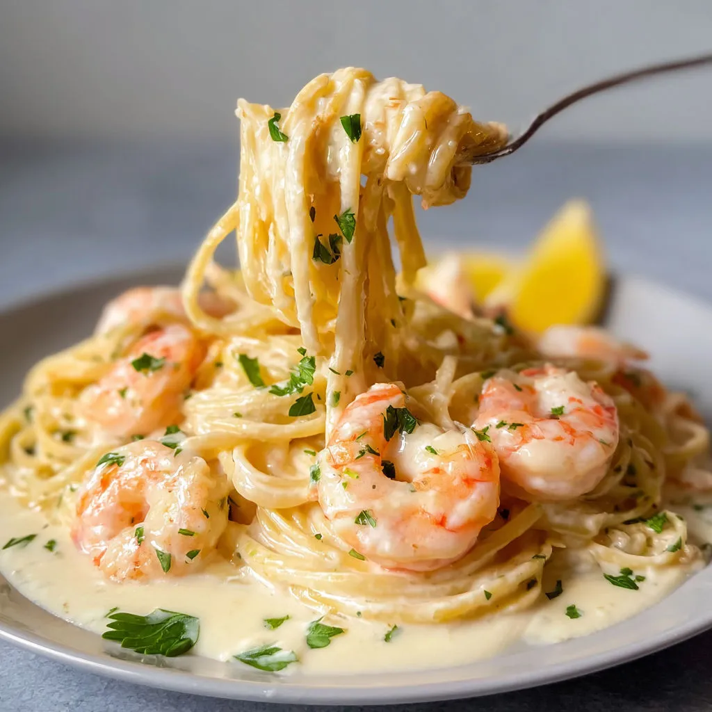 Une assiette de pâtes crémeuses aux crevettes avec du citron et des herbes fraîches.