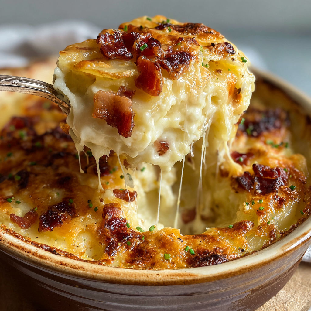 Un plat gratiné Mozza-Lardons servi dans une assiette en terre.
