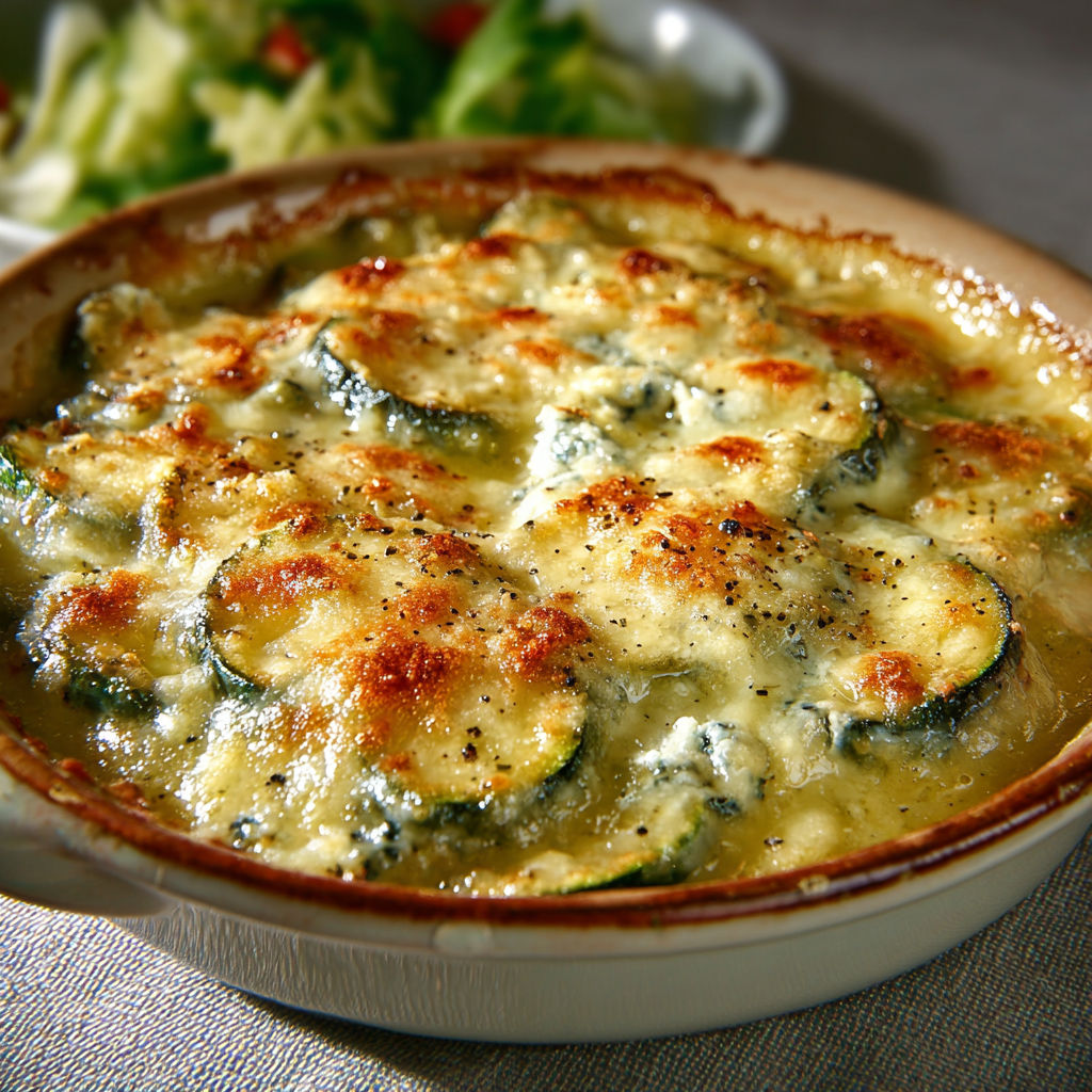Une casserole de courgettes fondantes avec des fromages français sur la table.