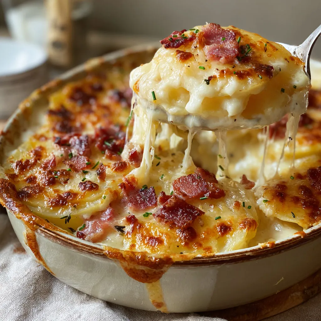 Une belle assiette de gratin de pommes de terre, mozzarella et lardons tout fondant est sur une table.