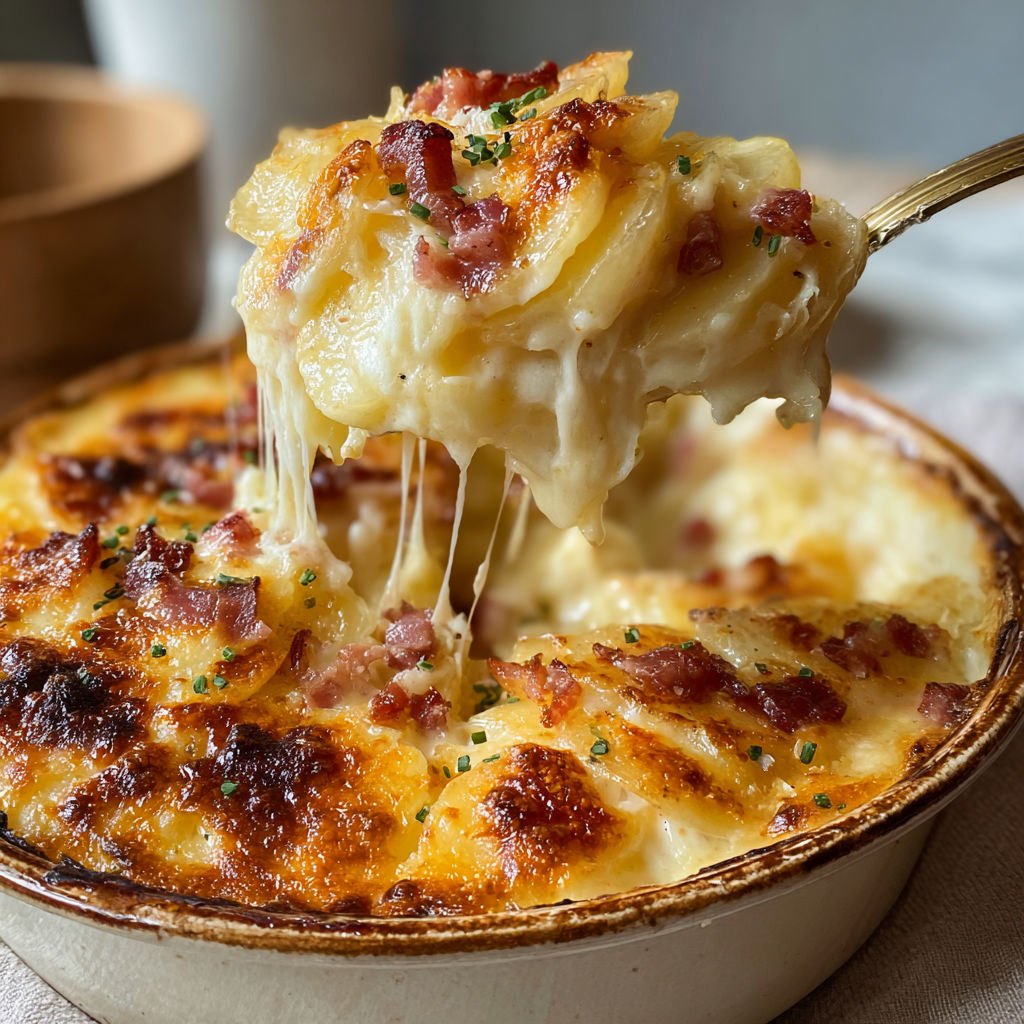 Un bol gourmand de gratin avec mozzarella fondante et lardons croustillants posé sur une table conviviale.