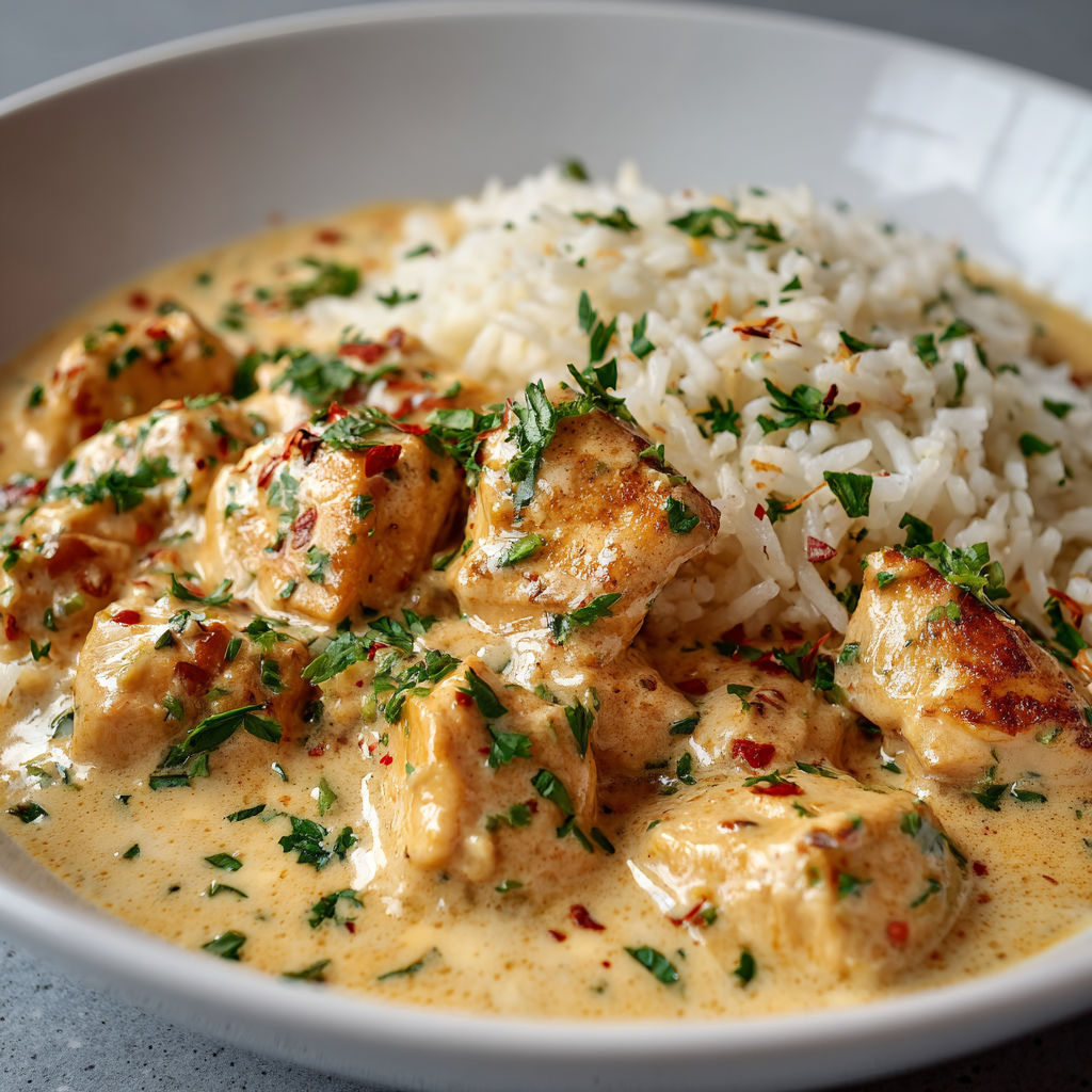 Un bol blanc rempli de poulet tendre et de riz crémeux, garnis d'herbes fraîches.