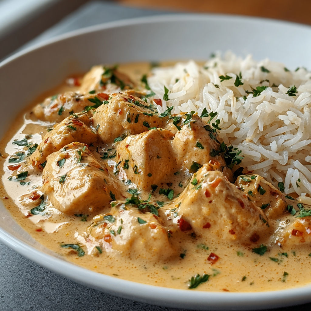 Dans un bol blanc, une soupe de poulet et riz avec des herbes fraîches et quelques épices.