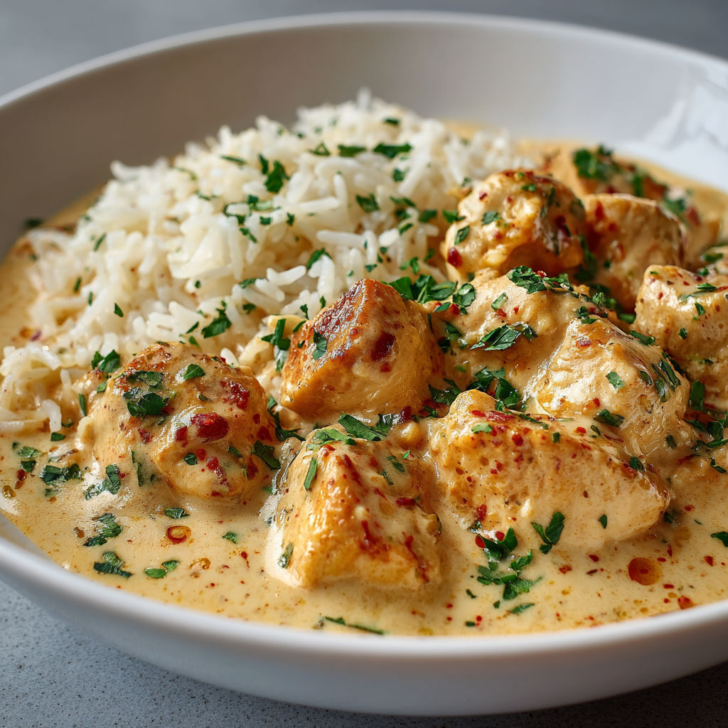 Un plat épicé avec des légumes et du riz coloré, façon curry, présenté simplement.