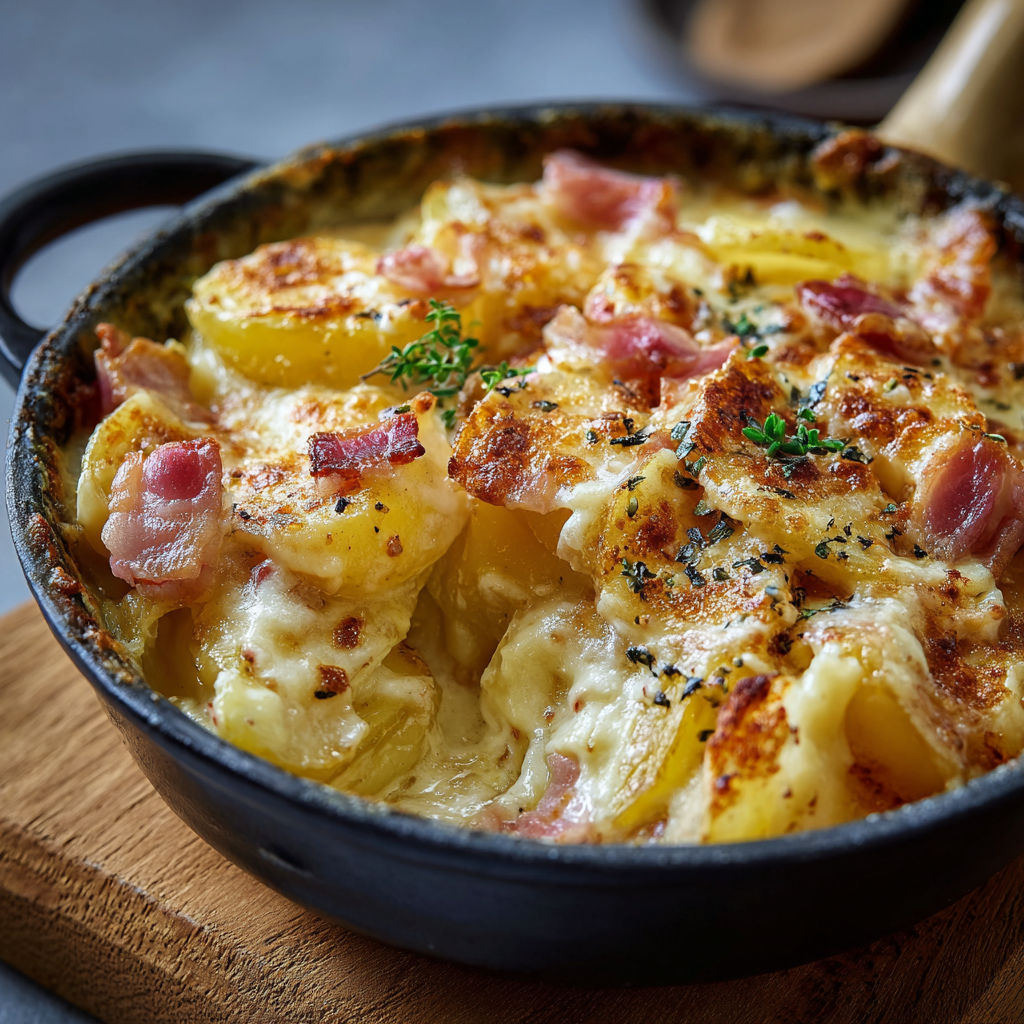 Un plat ultra gourmand dans une poêle, une tartiflette fondante à souhait.
