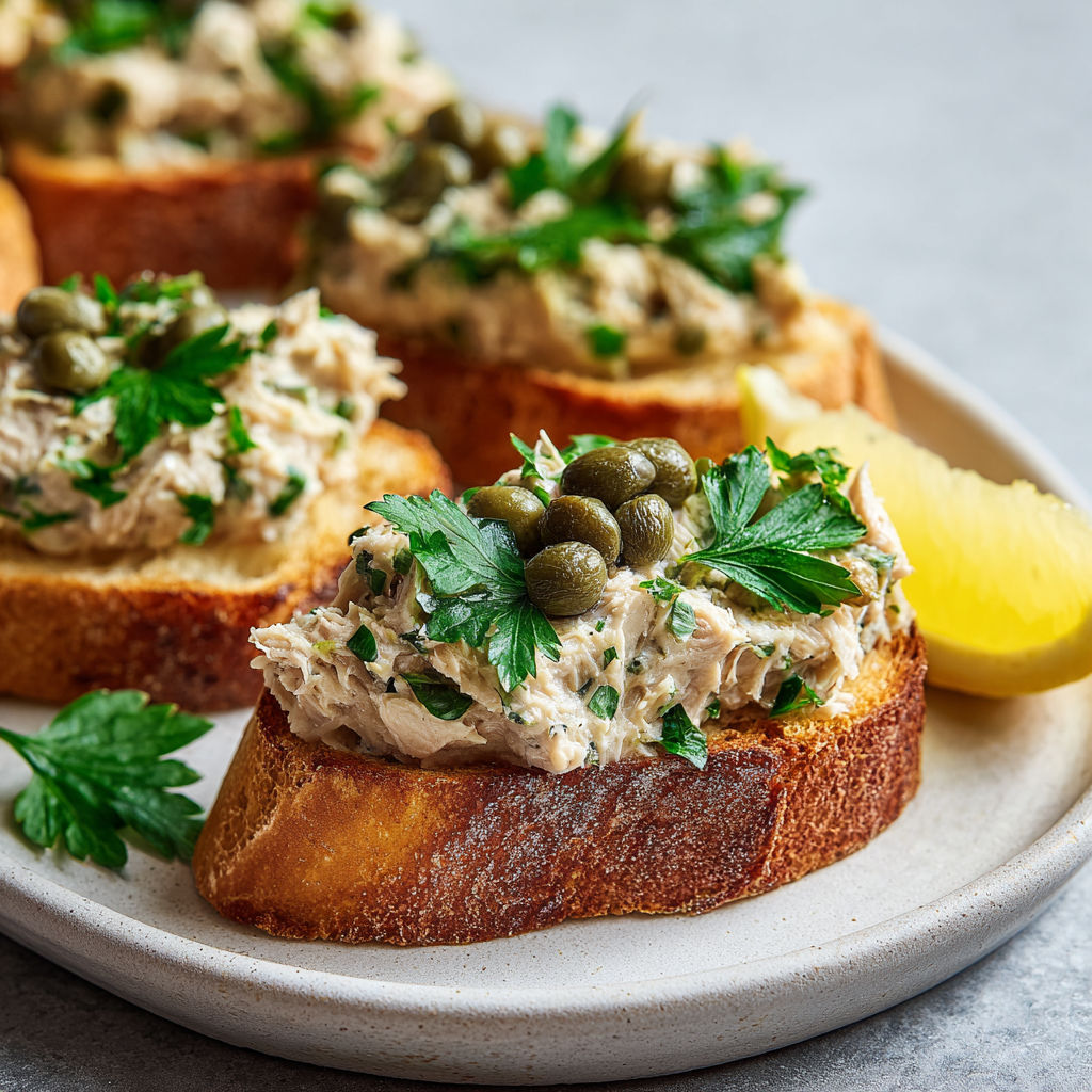 Des pains grillés avec thon et câpres placés joliment sur un plateau.
