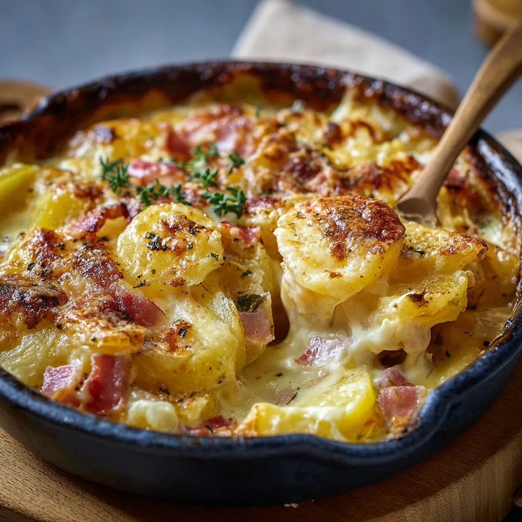 Tartiflette express poêlée avec pommes de terre, lardons et herbes, servie dans une casserole en fonte.