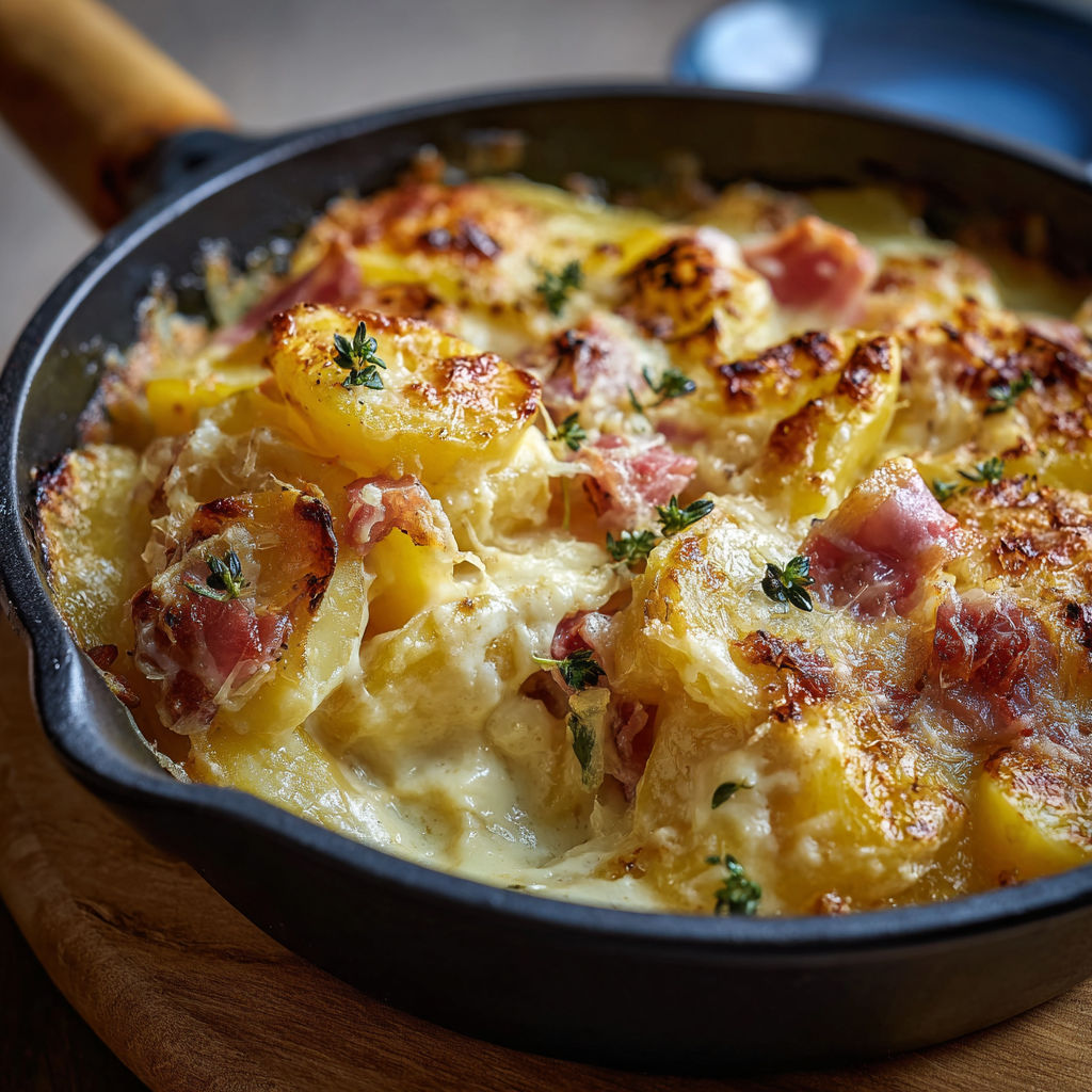 Tartiflette express hyper gourmande dans un bol noir.