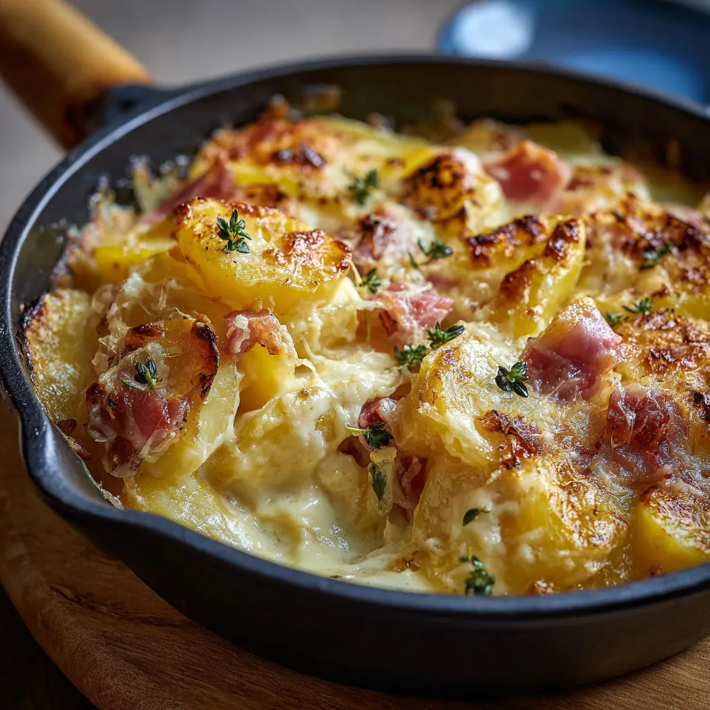 Tartiflette express hyper gourmande dans un bol noir.