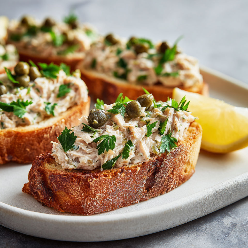 Assiette de tartines garnies de salade thon et tranches de concombre.