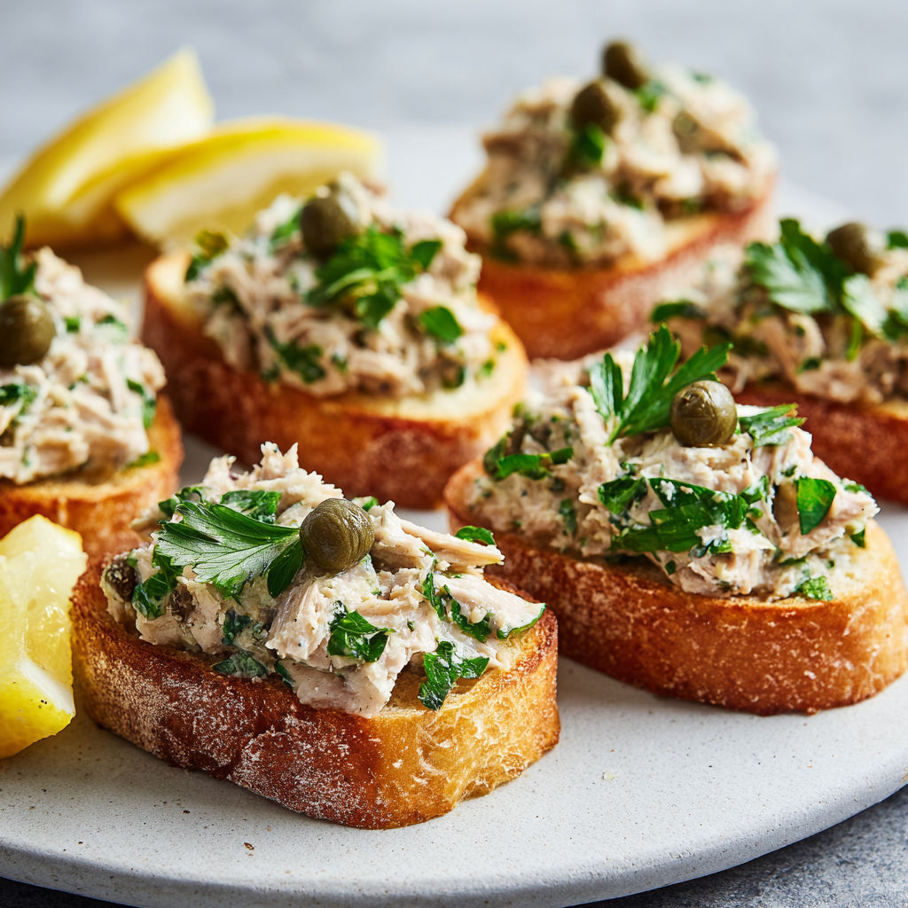 Grande planche de tartines grillées, thon et quartiers de citron.