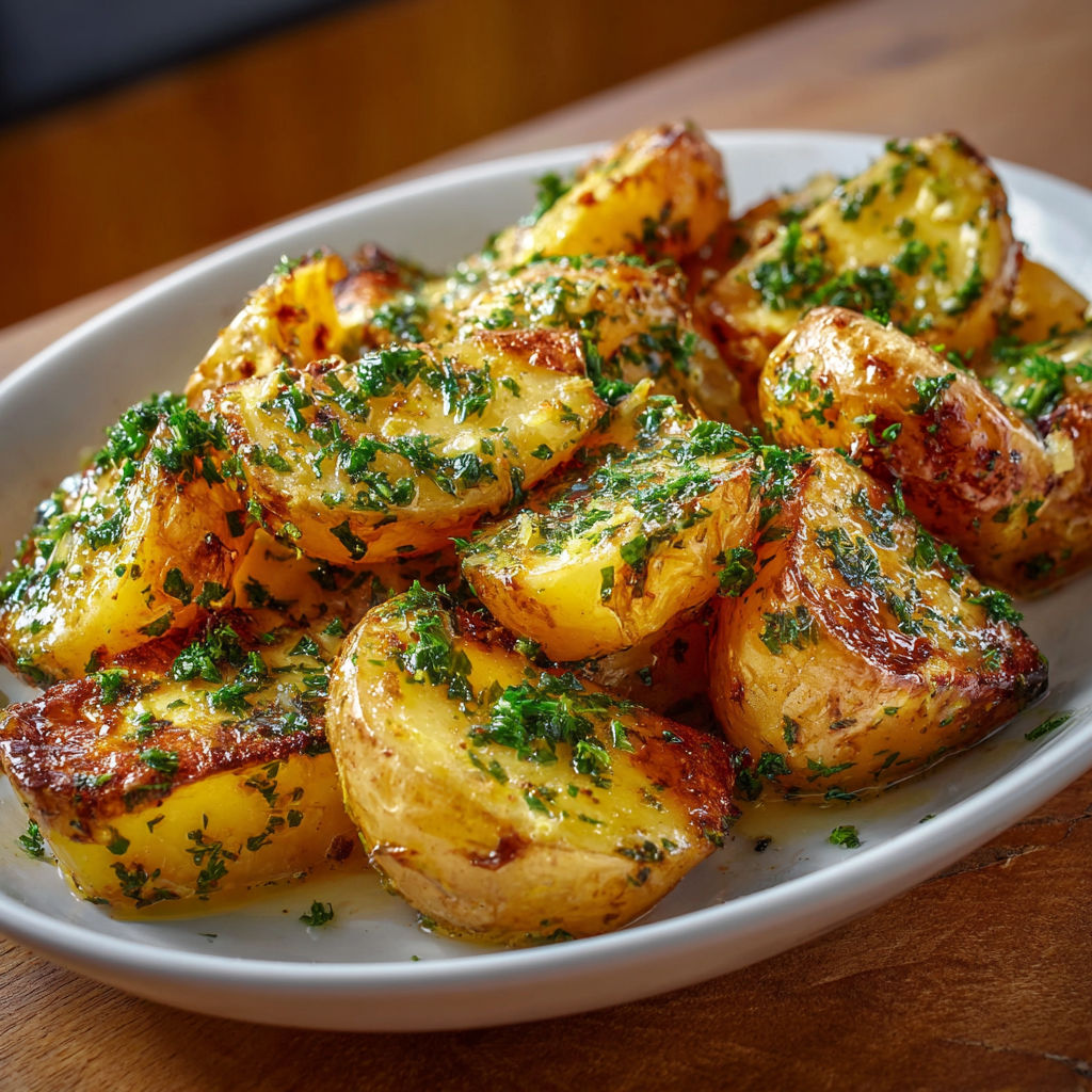 Assiette de pommes de terre dorées aux herbes et légumes grillés.