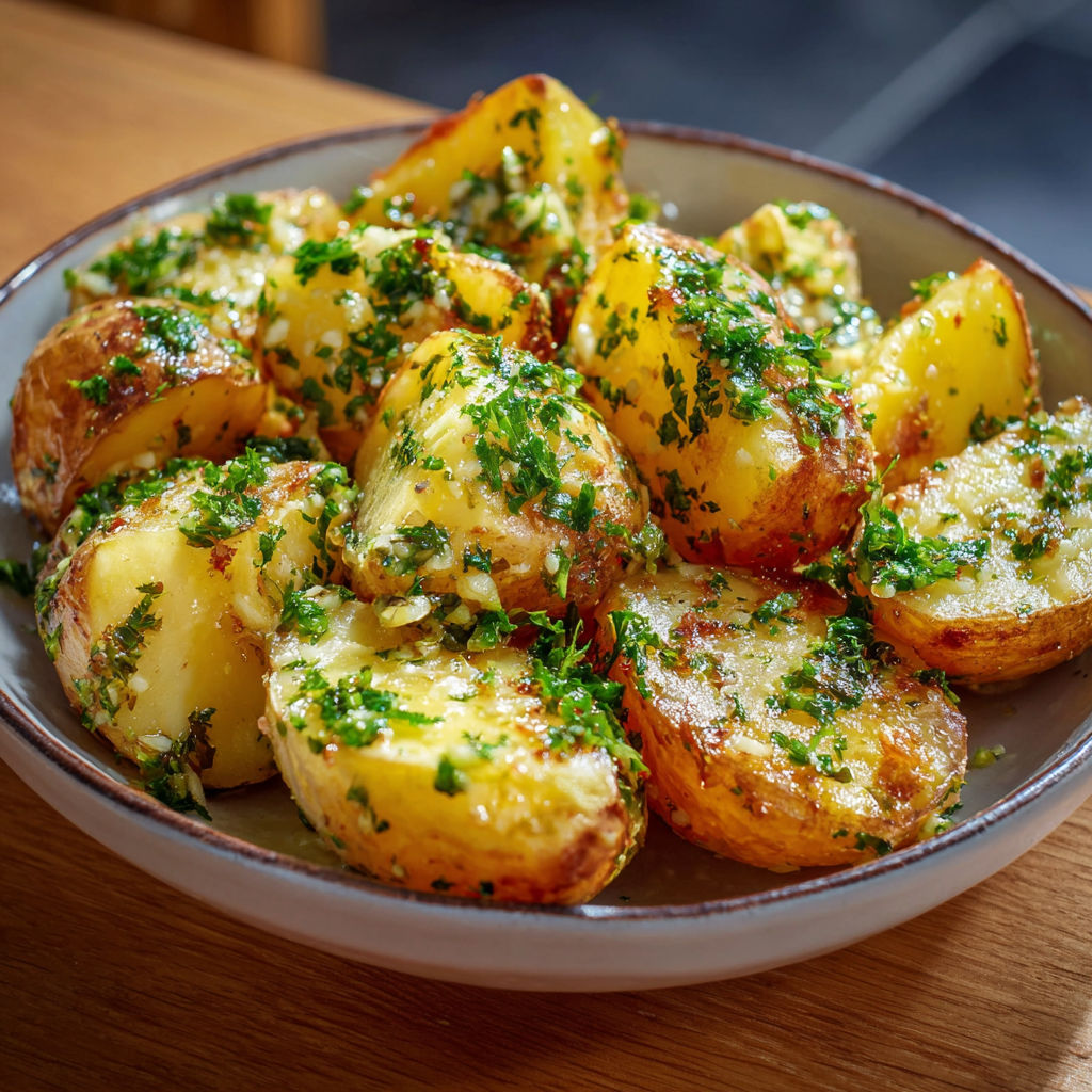 Pommes de terre rôties aux herbes et légumes sur une assiette.