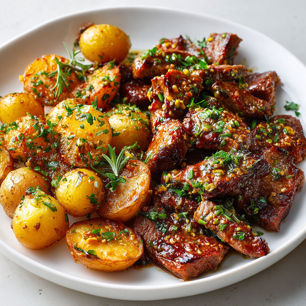 Plat de bœuf avec pommes de terre rôties et herbes fraîches, sur une assiette.