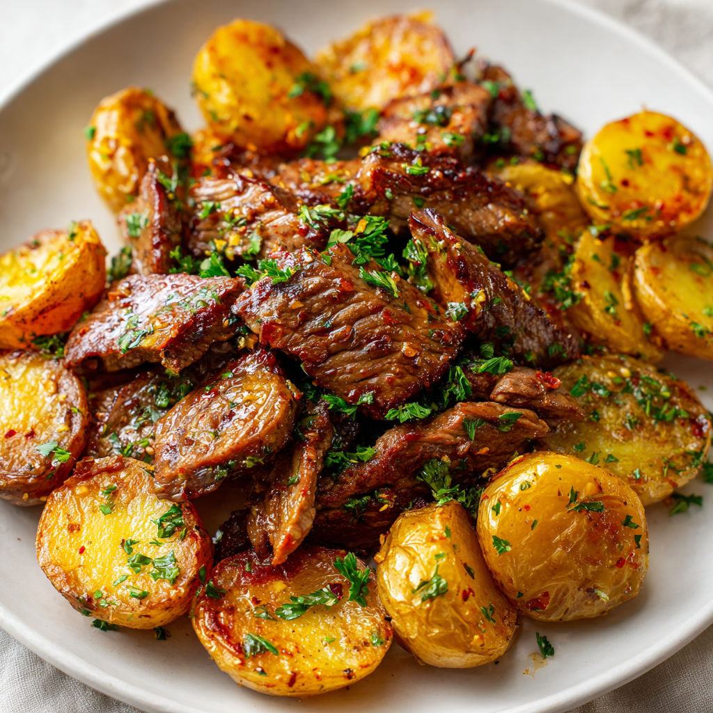 Viande grillée avec pommes de terre et herbes sur une assiette.