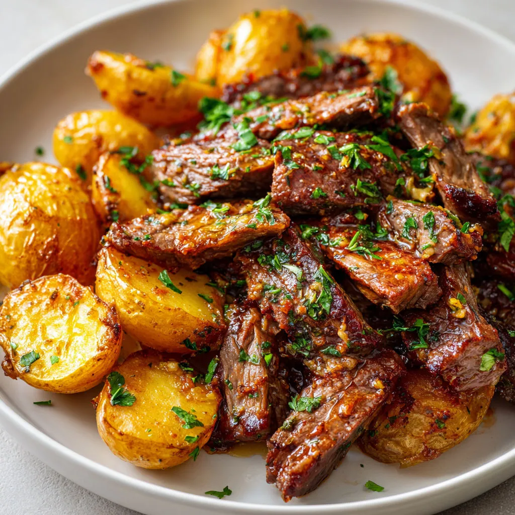 Salade avec morceaux de viande, pommes de terre et herbes fraîches.