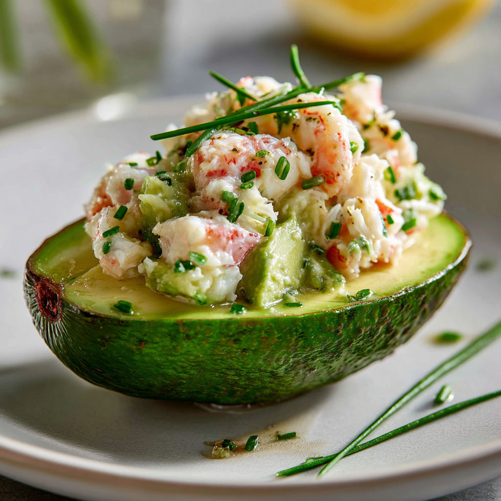 Un avocat garni contenant crabe et crevettes marinées.