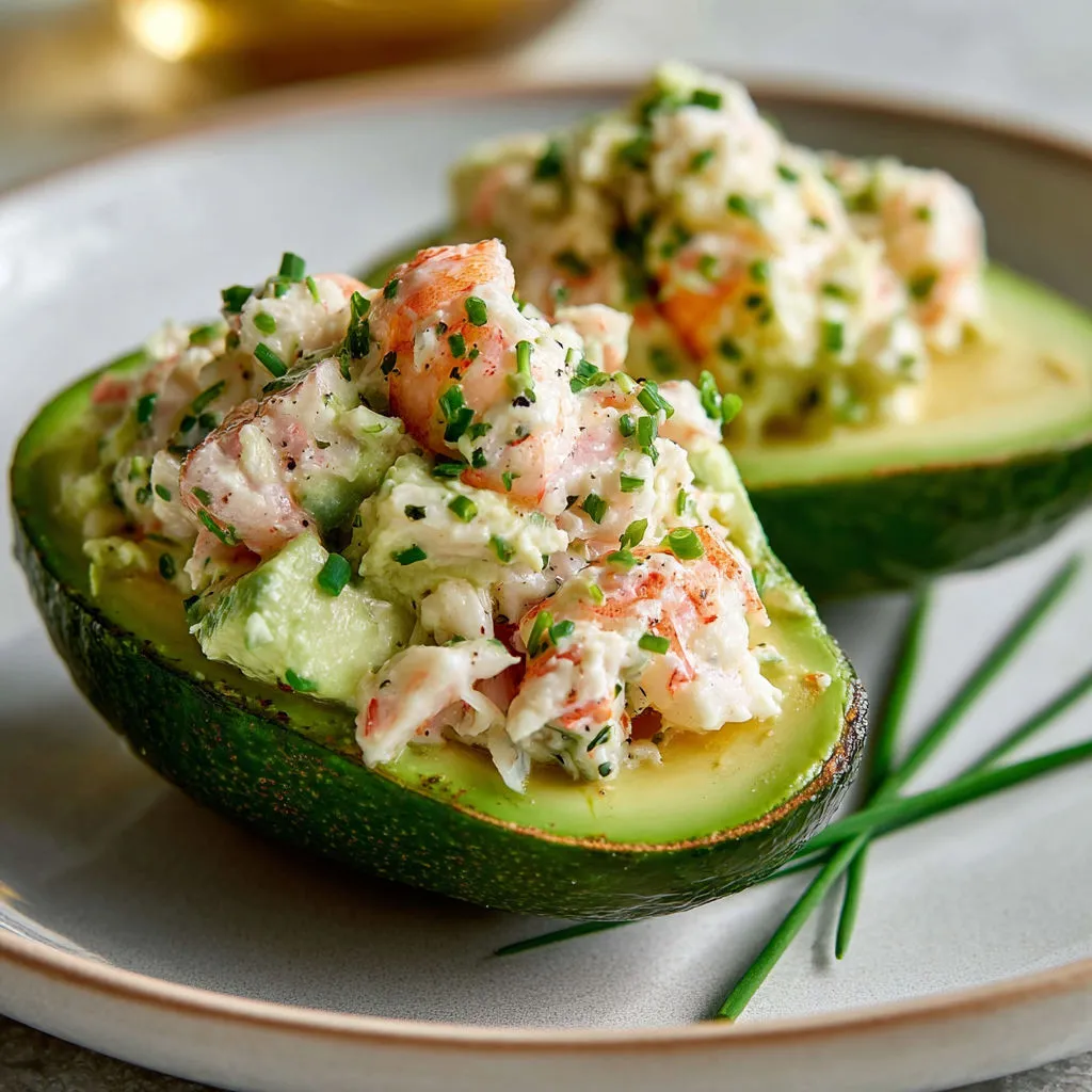 Salade de crevettes et d’avocat nichée dans des tomates.