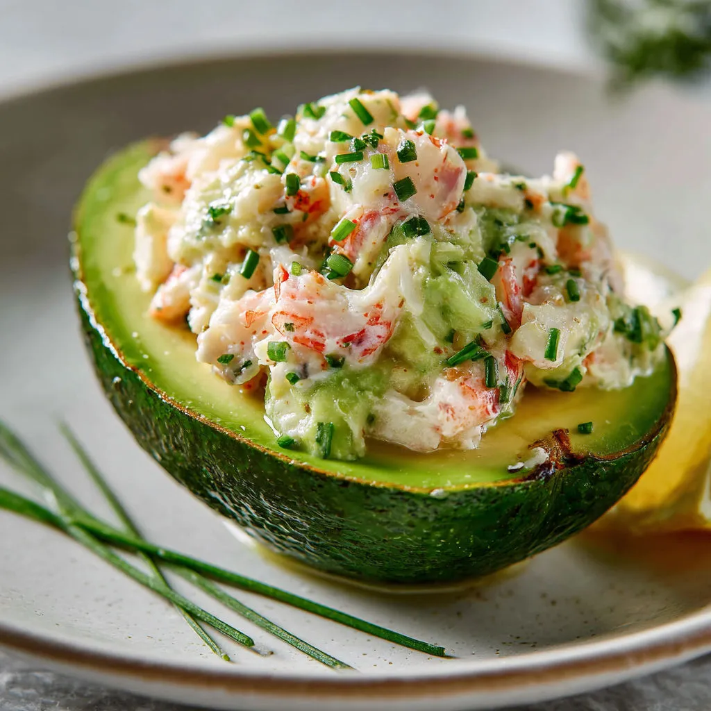 Poivron vert garni de salade crevettes et concombre.
