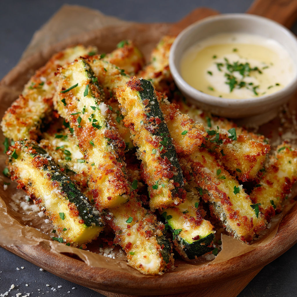Frites de courgettte dorées avec sauce au yaourt et herbes fraîches.