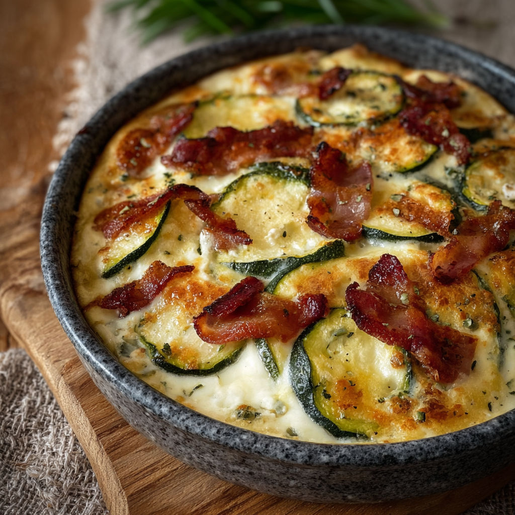 Clafoutis salé avec courgettes, chèvre frais et lardons dans un plat gourmet.