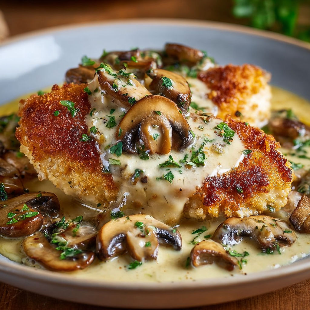 Un plat de poulet croustillant nappé d'une sauce aux champignons et parmesan, prêt à être dégusté.