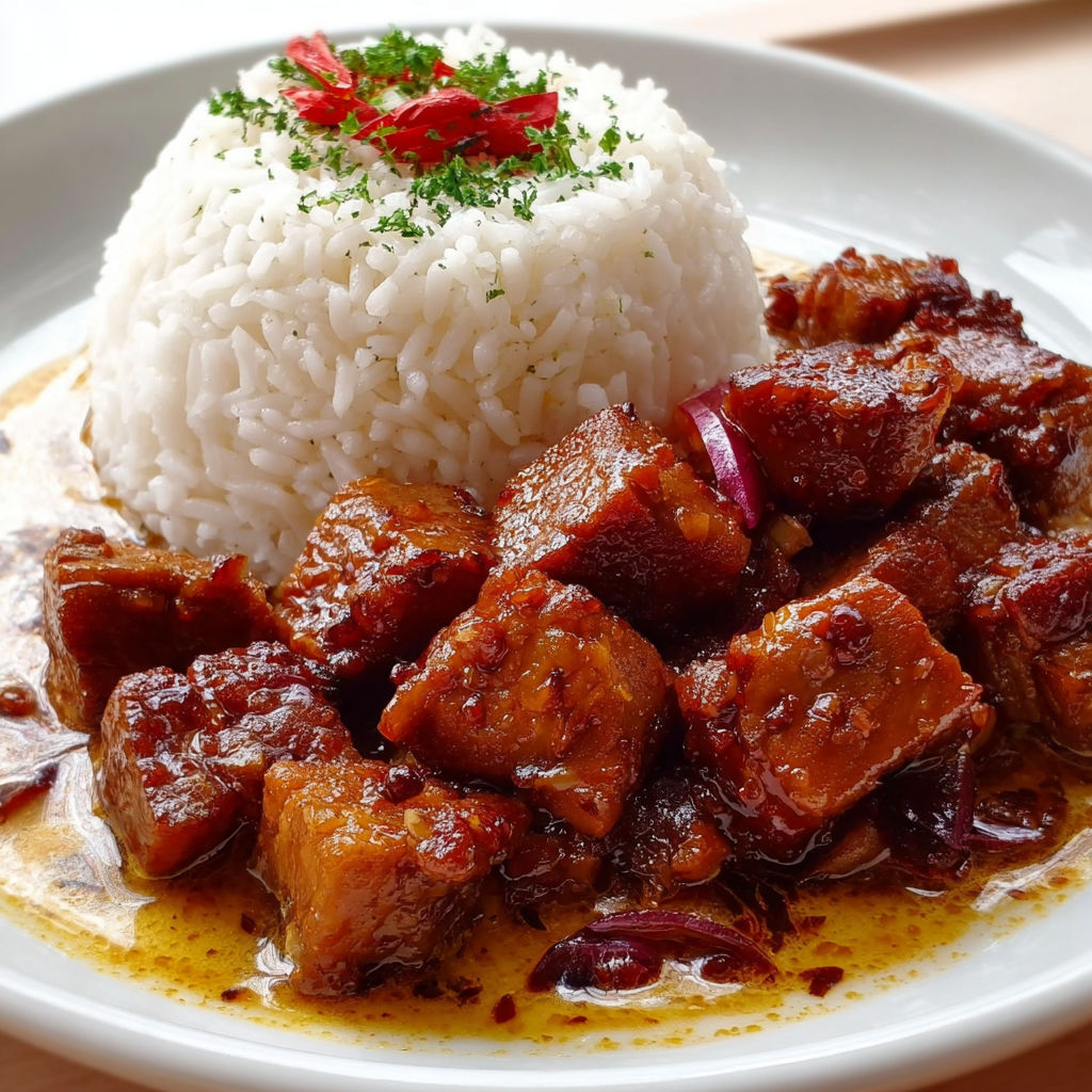 Un savoureux plat de porc tendre accompagné de riz parfumé à la perfection.
