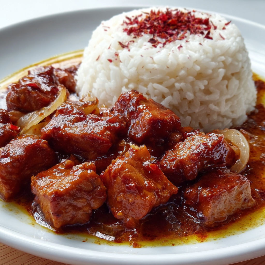 Plat de porc mijoté dans une sauce douce, servi avec du riz.