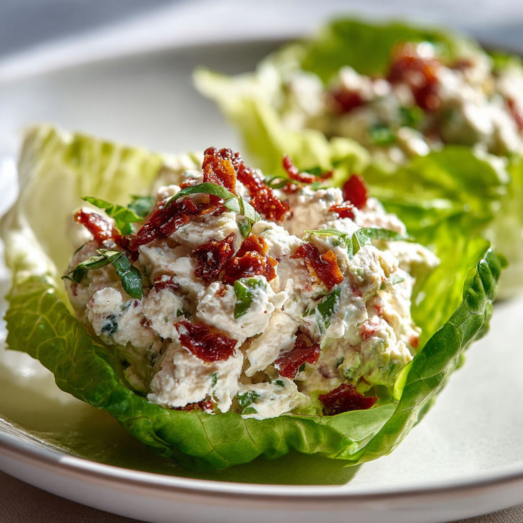 Laitue croquante garnie de jambon, ricotta et tomates séchées.