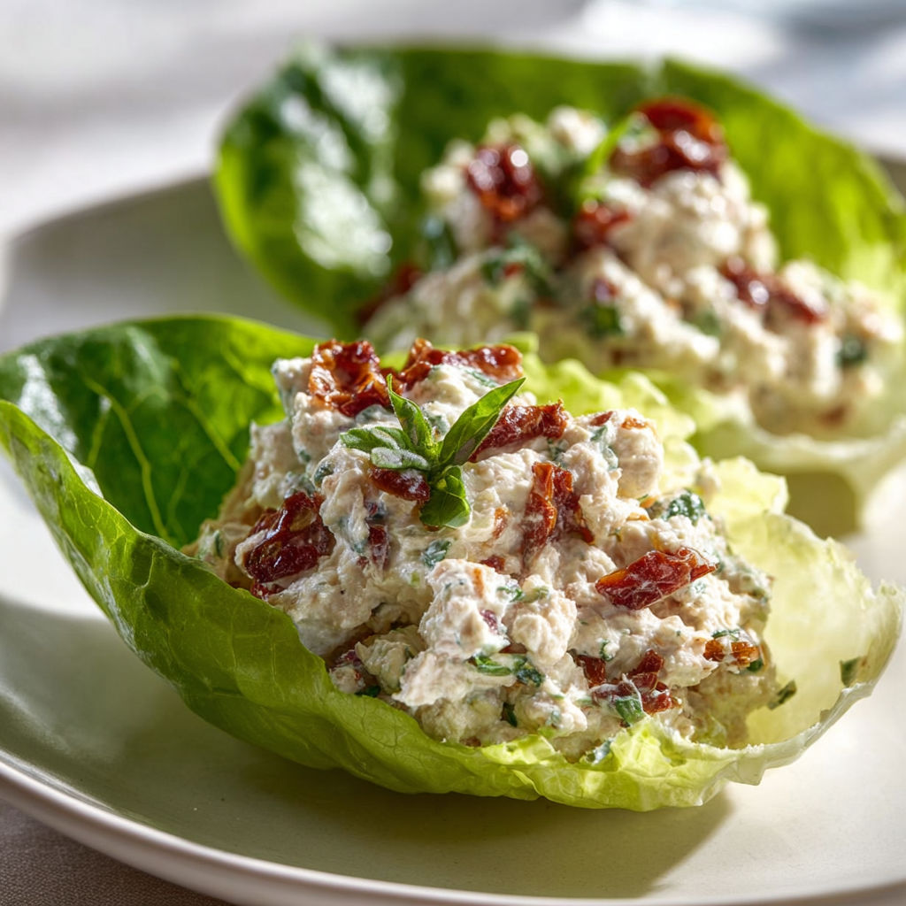 Petits bols de laitue remplis de ricotta et jambon, très frais.