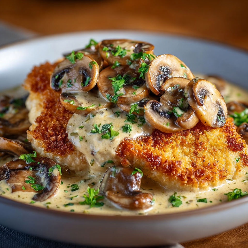 Un plat de poulet croustillant à la crème, parmesan et champignons servi dans un grand plat en verre.