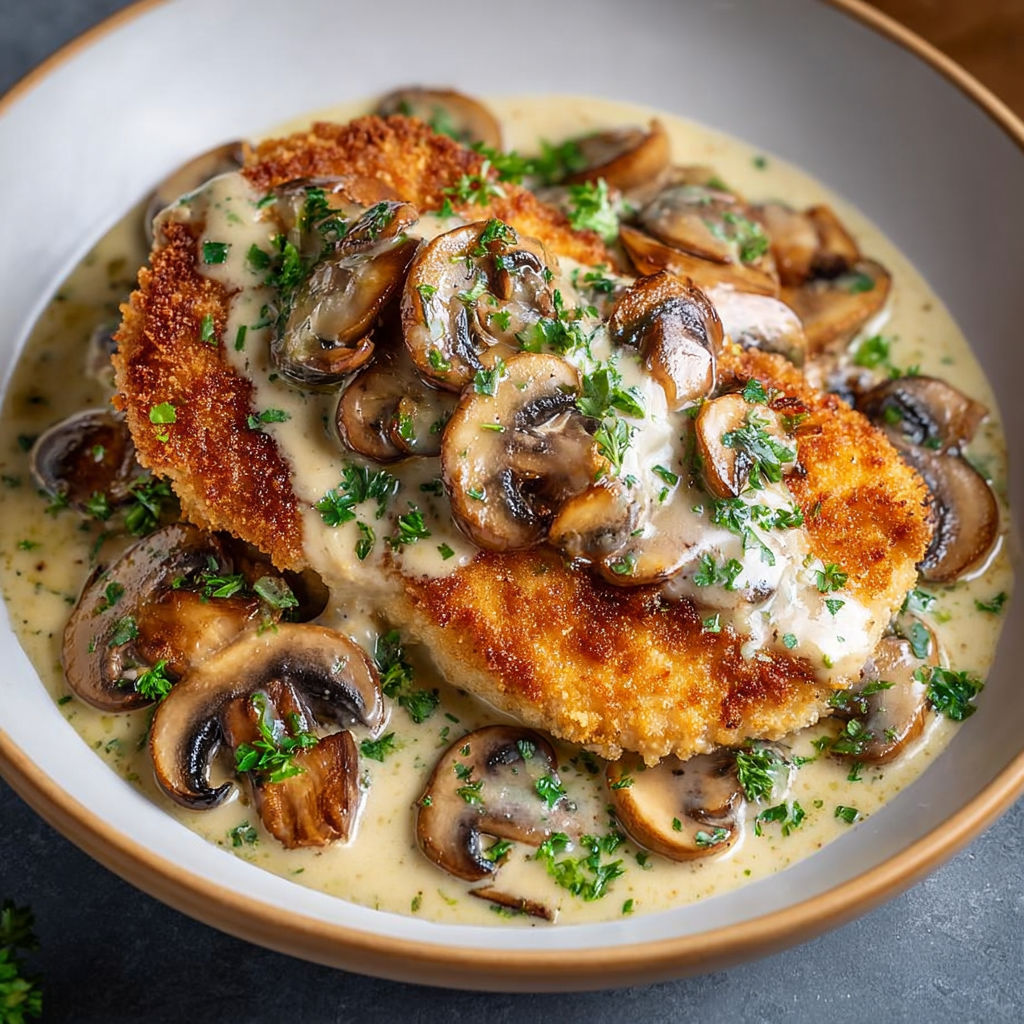 Assiette généreuse de poulet moelleux à la crème de parmesan, champignons et herbes posée sur la table.