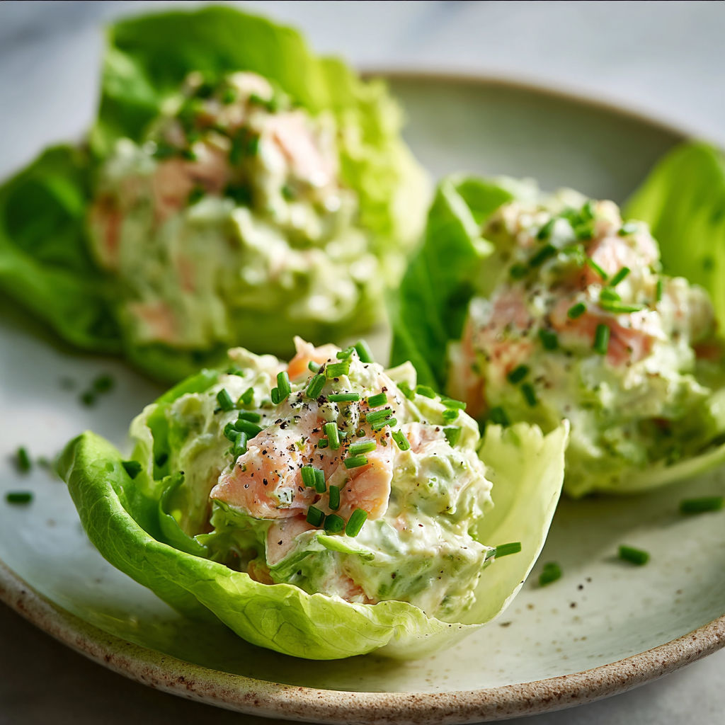 Coupelles garnies de laitue, truite, avocat et fromage blanc.