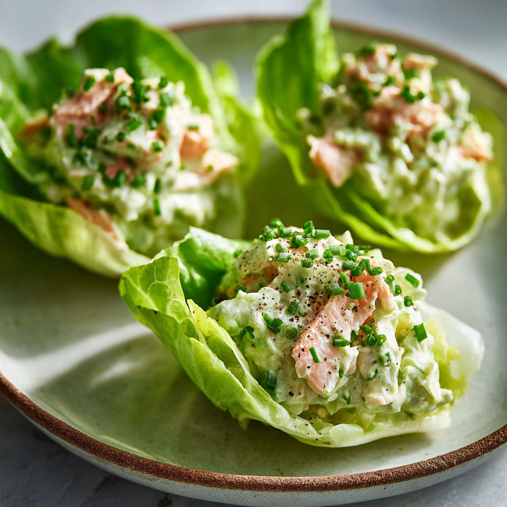Coupelles de laitue appétissantes garnies d’avocat, truite et fromage blanc.